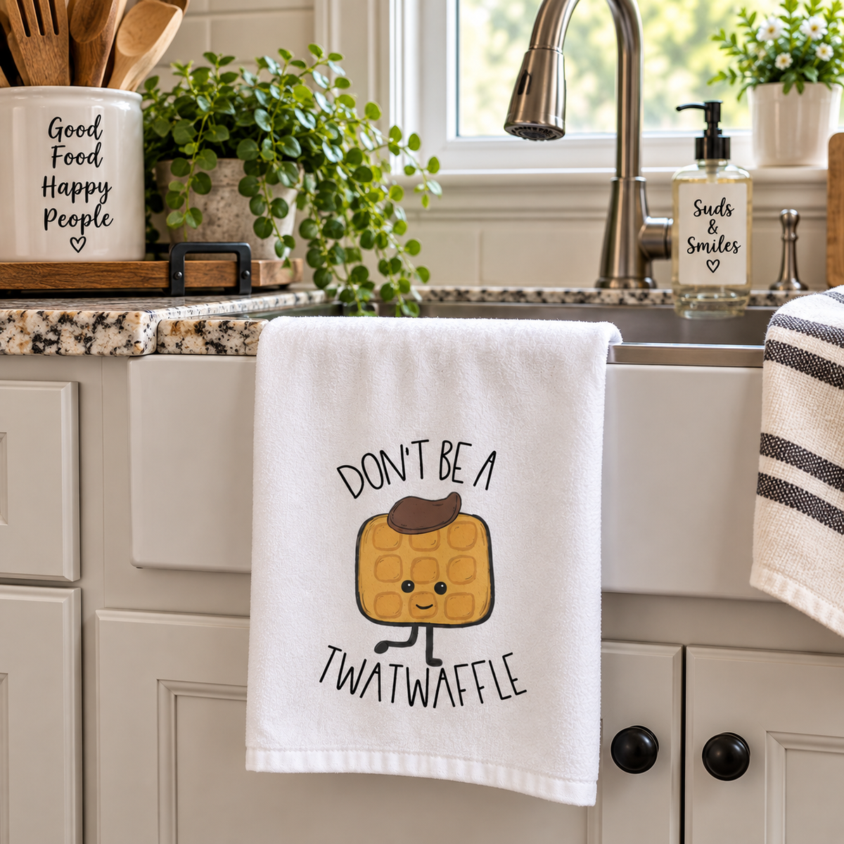 Wafflin’ With Attitude single hand towel featuring cowboy-hat waffle and Don’t Be a Twatwaffle wording, hanging below kitchen sink