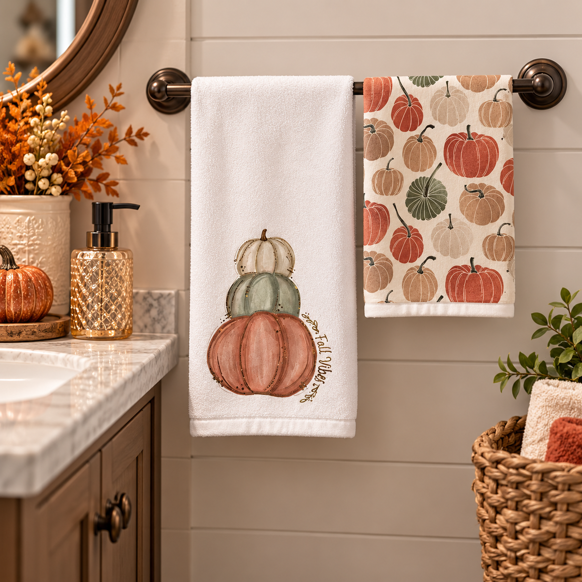 Fall pumpkin towel set displayed beside a kitchen sink