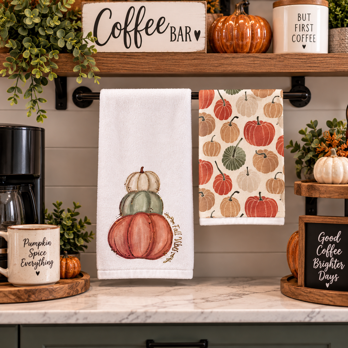 Pumpkin towel set hanging at an autumn coffee bar