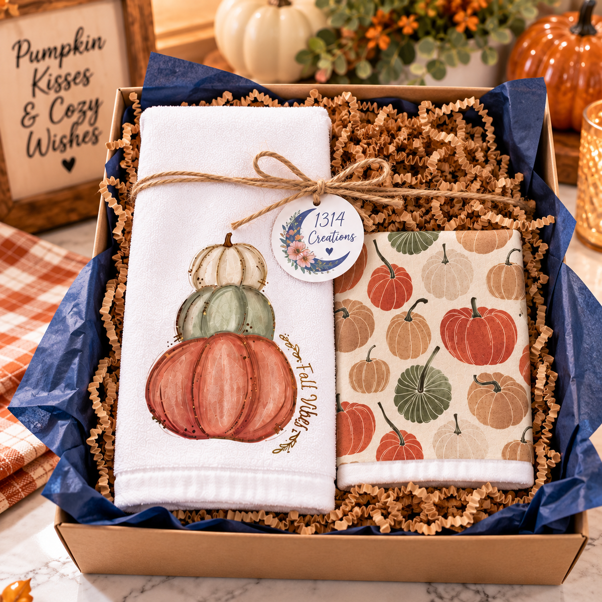 Stacked pumpkin and pumpkin-print towels arranged in a fall gift box