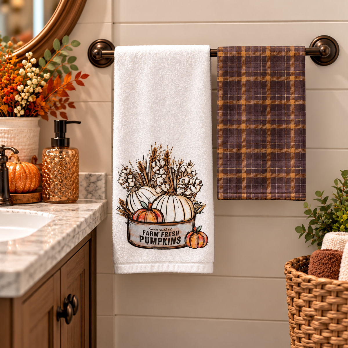 Farm Fresh pumpkin and plaid towels beside a kitchen sink