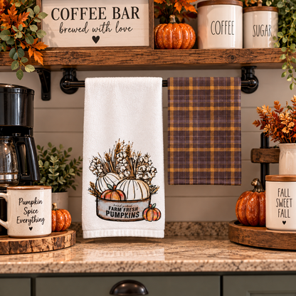 Pumpkin and plaid towel set hanging at a fall coffee bar