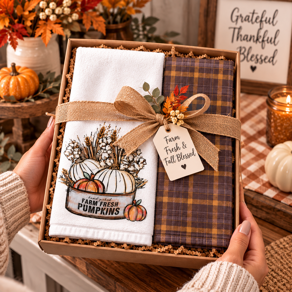 Farm Fresh pumpkin and plaid towels arranged in an autumn gift basket