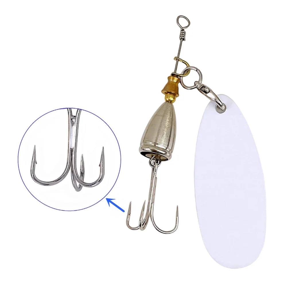 Fishing lure construction diagram showing a blank blade, metal hardware, and treble hook with a circular close-up of the three hook points.