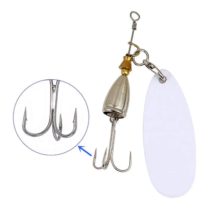 Fishing lure construction diagram showing a blank blade, metal hardware, and treble hook with a circular close-up of the three hook points.