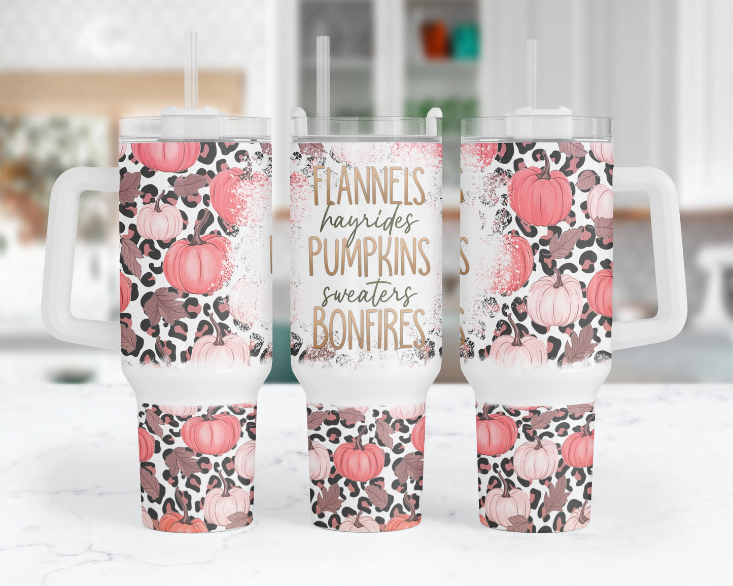 Cozy Cravings Tumbler - 40oz Fall Tumbler With Handle - Pink Pumpkin Autumn Tumbler With Straw