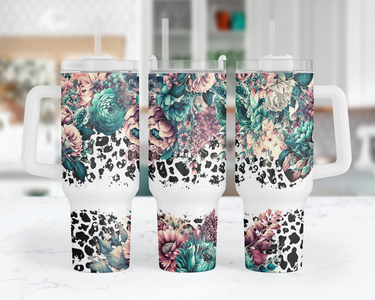 Moo-tiful Flowers Tumbler - 40oz Cow Print Tumbler With Handle - Floral Tumbler With Straw