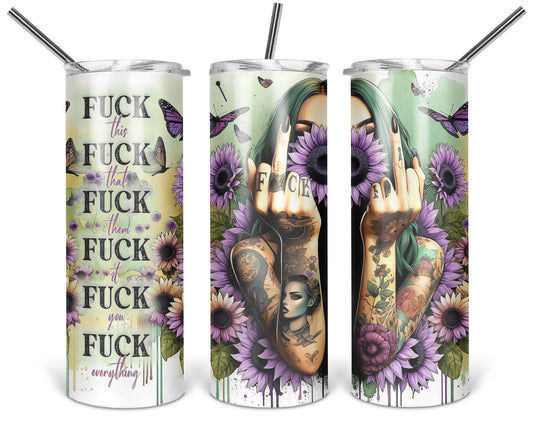 Three views of the 20 oz tumbler featuring Zero F*cks in Full Bloom woman with green hair, purple flowers, and explicit wording on white