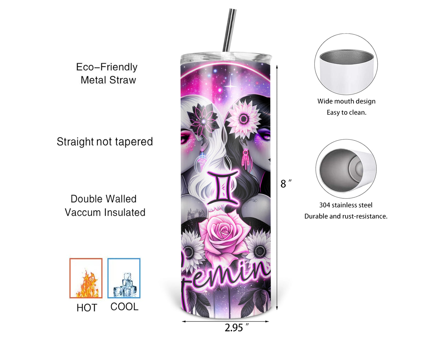 Gemini Girl Tumbler / Zodiac Sign Tumbler With Straw / Horoscope Tumbler / Gift For Astrology Lovers