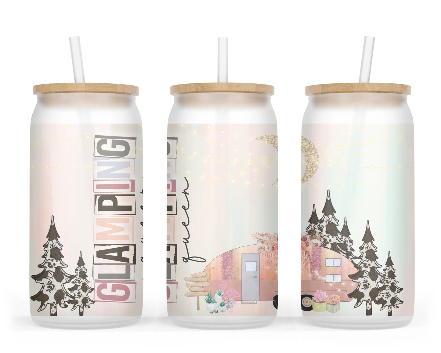 A 16oz frosted glass tumbler featuring a camping scene with a stylish trailer and the words 'Glamping Queen'