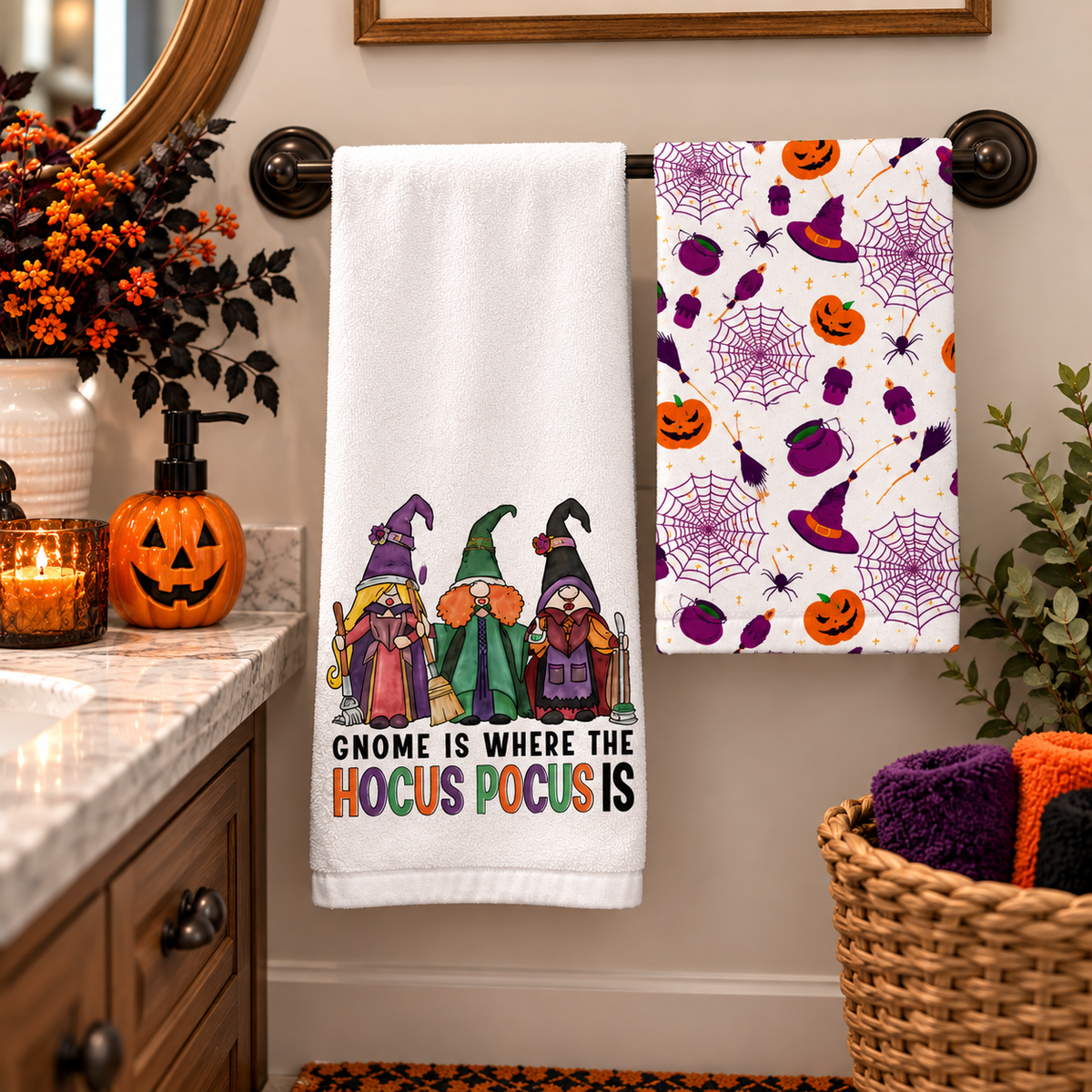 Halloween gnome towel set displayed beside a kitchen sink