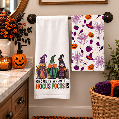 Halloween gnome towel set displayed beside a kitchen sink