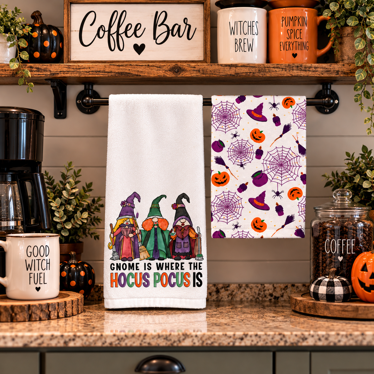 Witchy gnome and Halloween pattern towels at a fall coffee bar