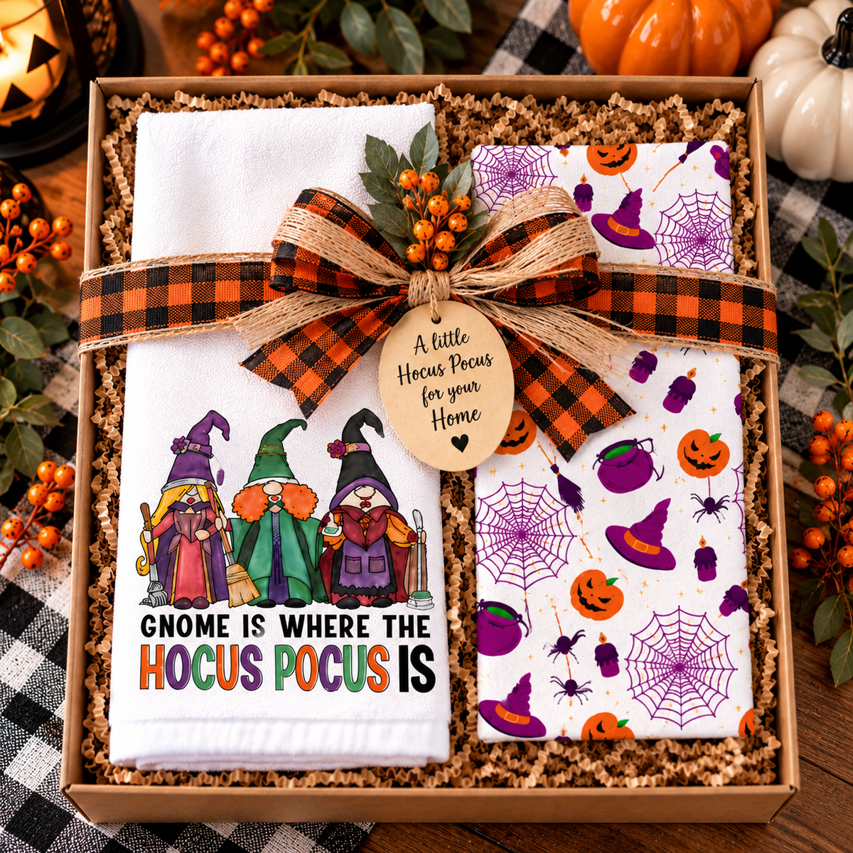 Halloween gnome towel set arranged in a gift basket