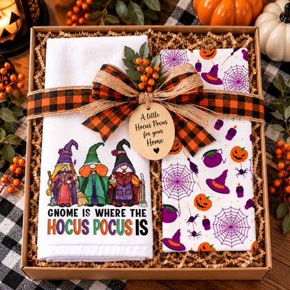Halloween gnome towel set arranged in a gift basket