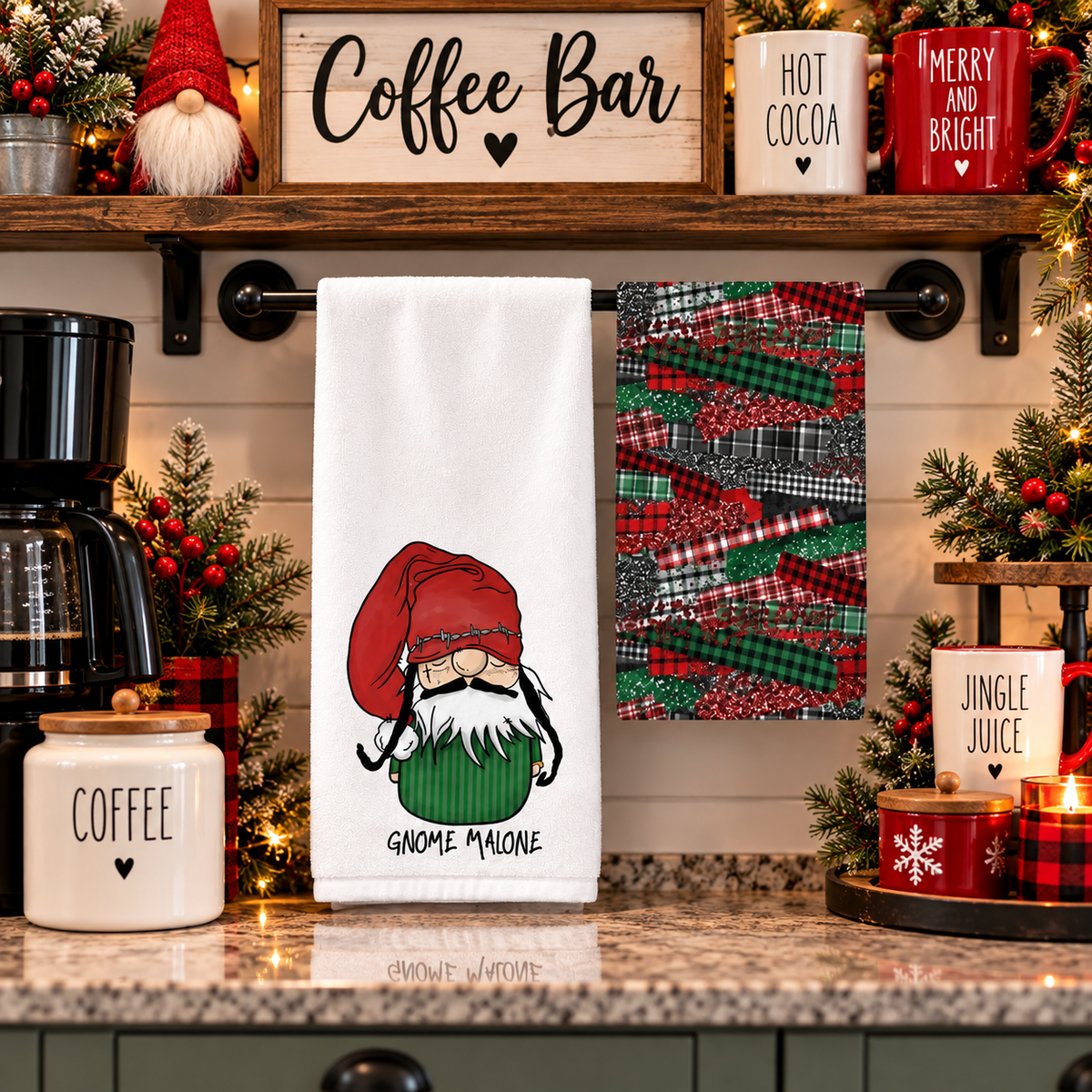 Gnome Malone and plaid towels displayed at a holiday coffee bar