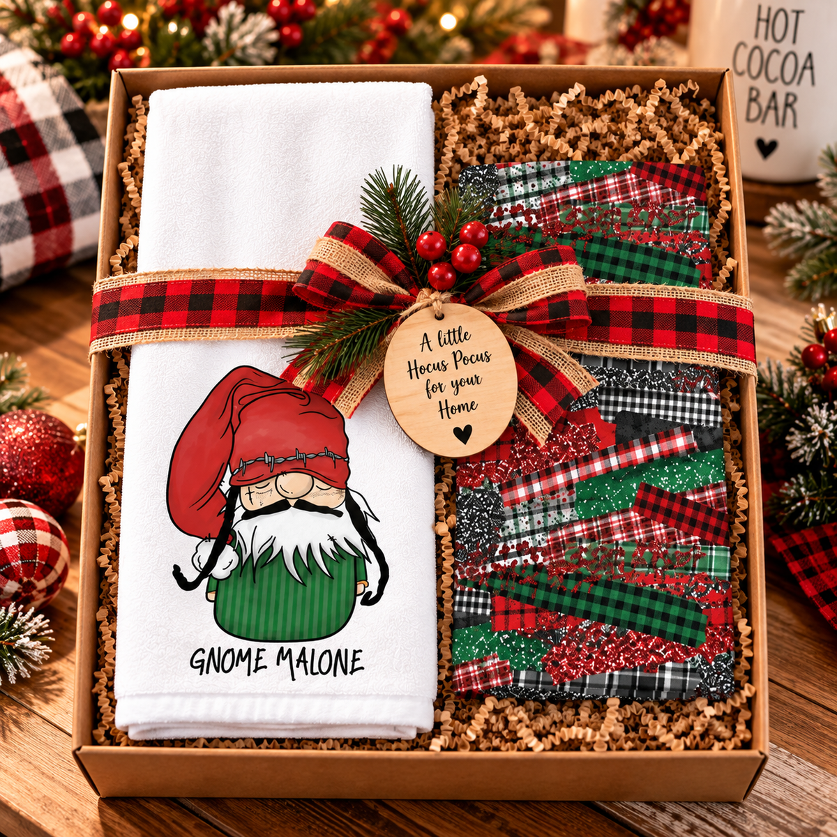 Gnome Malone Christmas towel set arranged in a gift basket