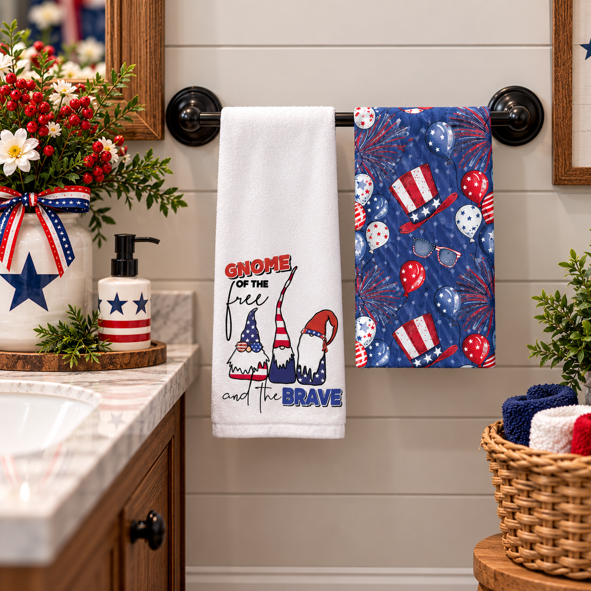 Red-white-and-blue gnome towel set beside a kitchen sink