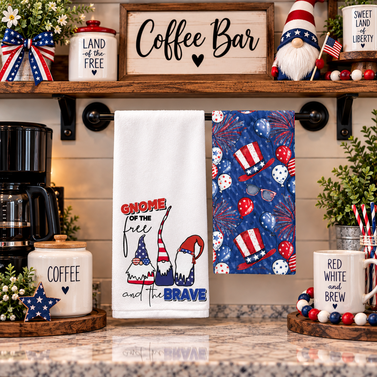 Patriotic gnome towel set displayed at an Americana coffee bar