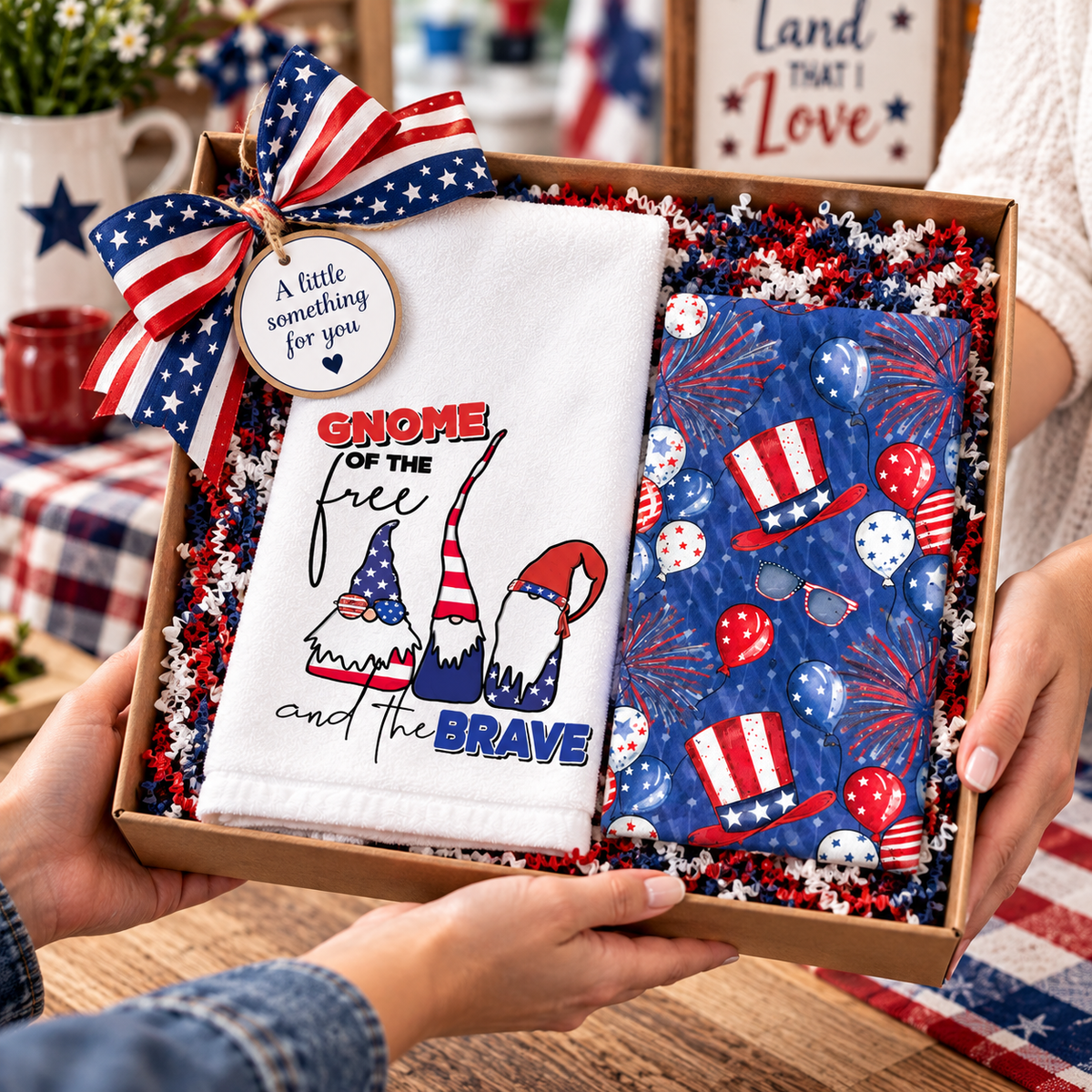 Patriotic gnome and Americana towels arranged in a gift basket