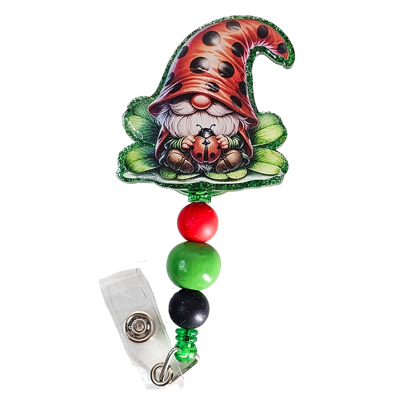 Gnome-gnificent Retractable Badge Reel 🐞 Ladybug Design Beaded ID Holder 🐞 Gift For Nurses 🐞 Gift For Gnome Lovers