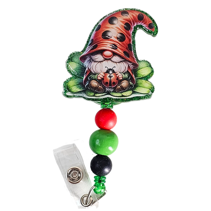 Gnome-gnificent Retractable Badge Reel 🐞 Ladybug Design Beaded ID Holder 🐞 Gift For Nurses 🐞 Gift For Gnome Lovers