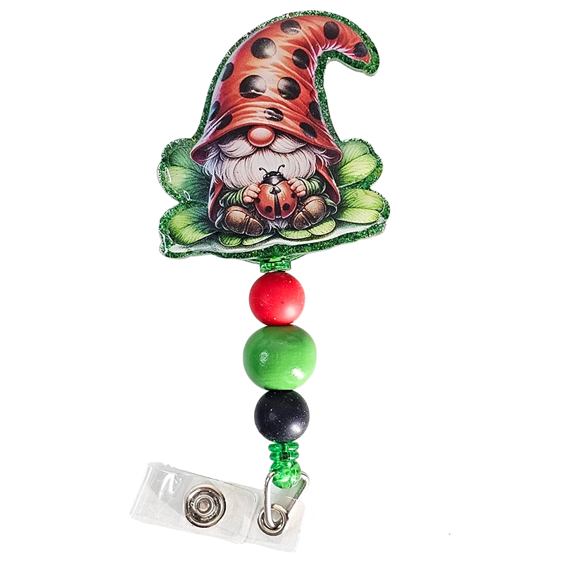 Gnome-gnificent Retractable Badge Reel 🐞 Ladybug Design Beaded ID Holder 🐞 Gift For Nurses 🐞 Gift For Gnome Lovers