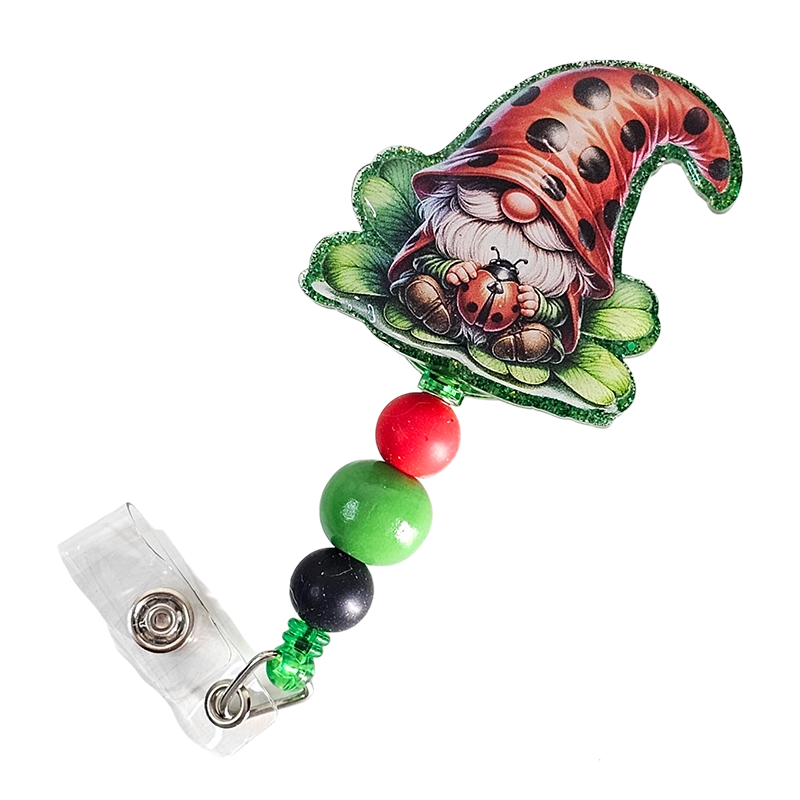 Gnome-gnificent Retractable Badge Reel 🐞 Ladybug Design Beaded ID Holder 🐞 Gift For Nurses 🐞 Gift For Gnome Lovers