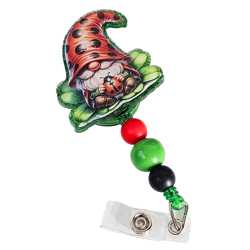 Gnome-gnificent Retractable Badge Reel 🐞 Ladybug Design Beaded ID Holder 🐞 Gift For Nurses 🐞 Gift For Gnome Lovers