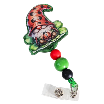 Gnome-gnificent Retractable Badge Reel 🐞 Ladybug Design Beaded ID Holder 🐞 Gift For Nurses 🐞 Gift For Gnome Lovers