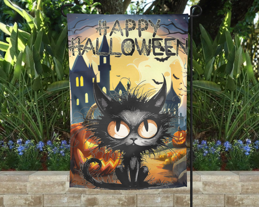 Happy Halloween Black Cat Garden Flag - Spooky Outdoor Halloween Decor - Housewarming Gift