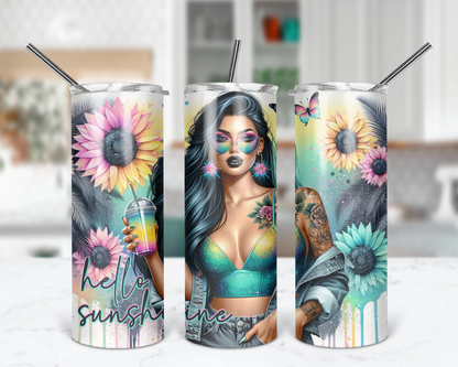 Hello Sunshine Tumbler / Sassy 20oz Tumbler With Straw / Edgy Floral Summertime Tumbler / Gift For Her