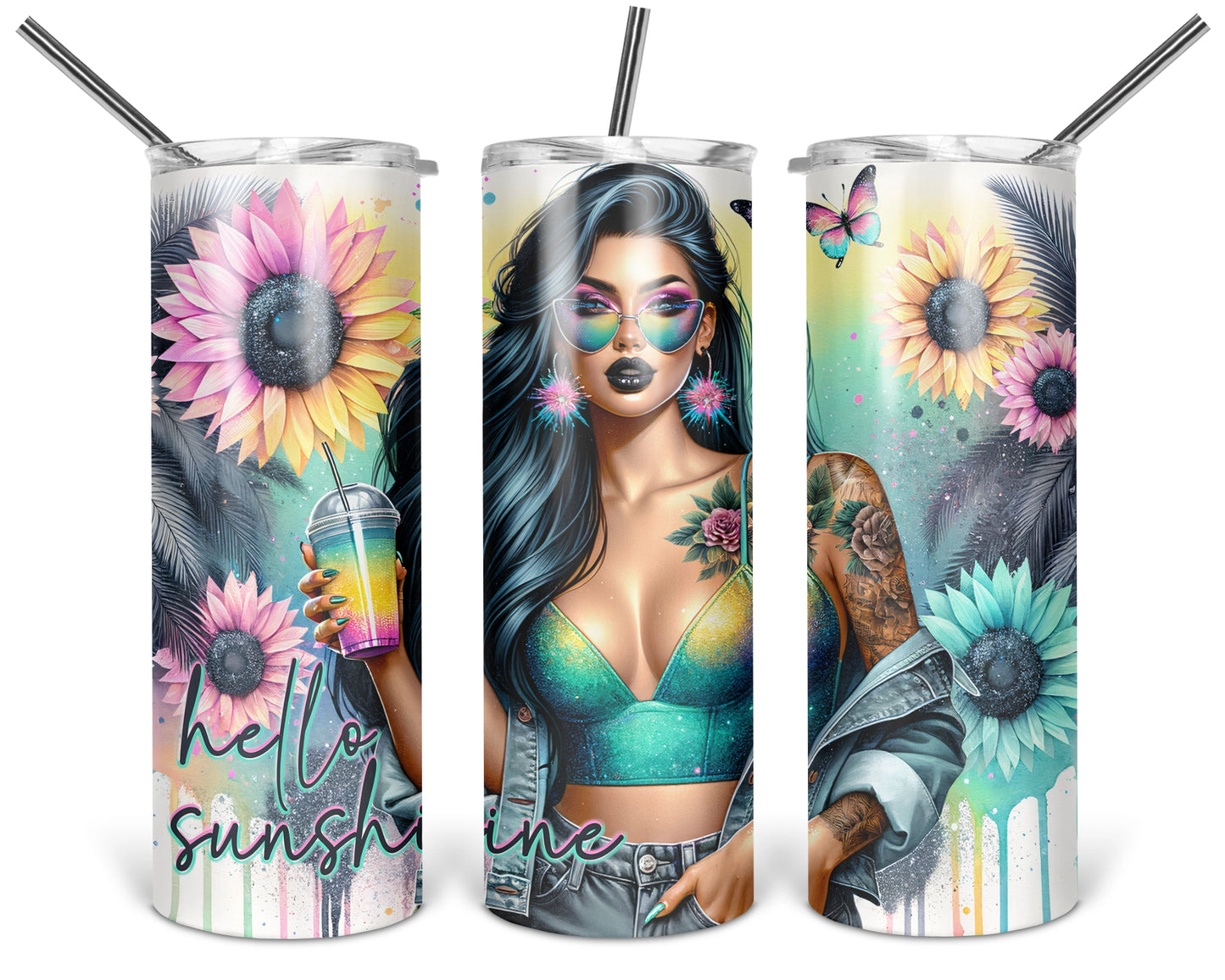 Hello Sunshine Tumbler / Sassy 20oz Tumbler With Straw / Edgy Floral Summertime Tumbler / Gift For Her