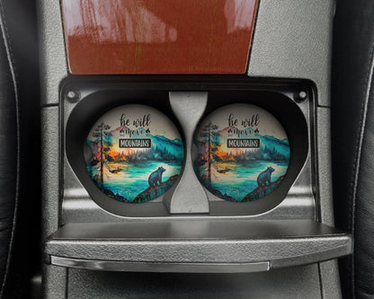 He Will Move Mountains Car Cup Holder Coasters - Set of 2 Inspirational Coasters - Car Accessories