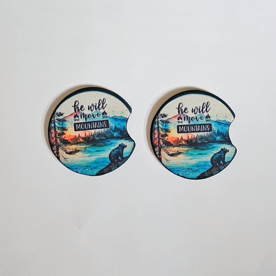 He Will Move Mountains Car Cup Holder Coasters - Set of 2 Inspirational Coasters - Car Accessories