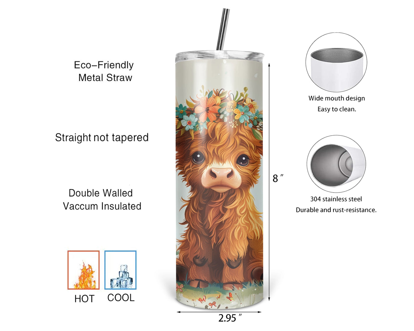 Highland Blossoms / 20oz Cow Tumbler With Straw / Gift For Cow Lovers