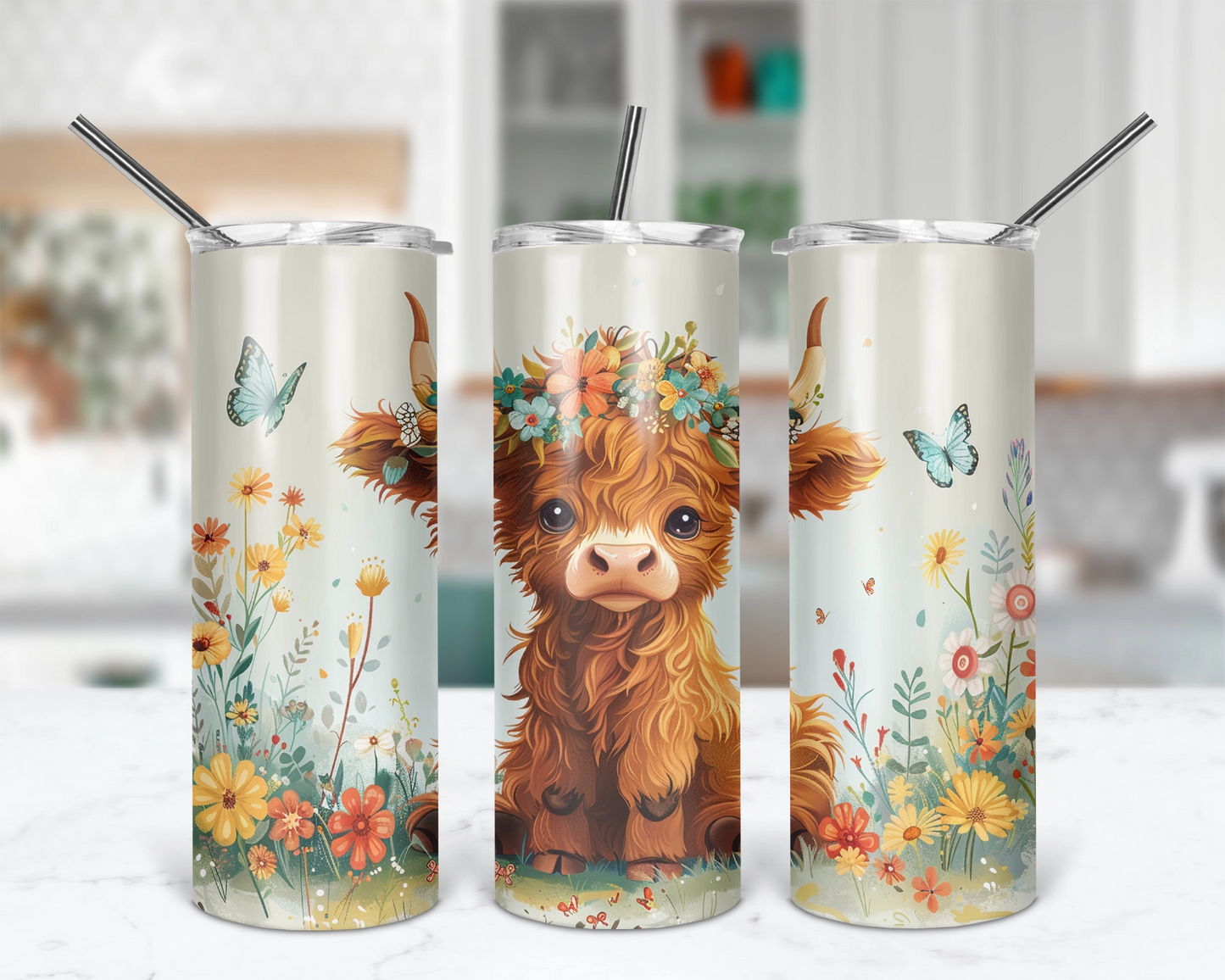 Highland Blossoms / 20oz Cow Tumbler With Straw / Gift For Cow Lovers