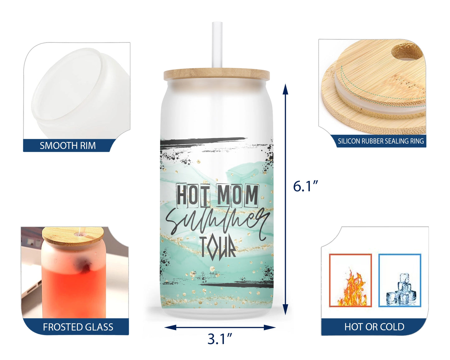 Hot Mom Summer Tumbler - 16oz Glass Tumbler With Straw - Gift For Mother's