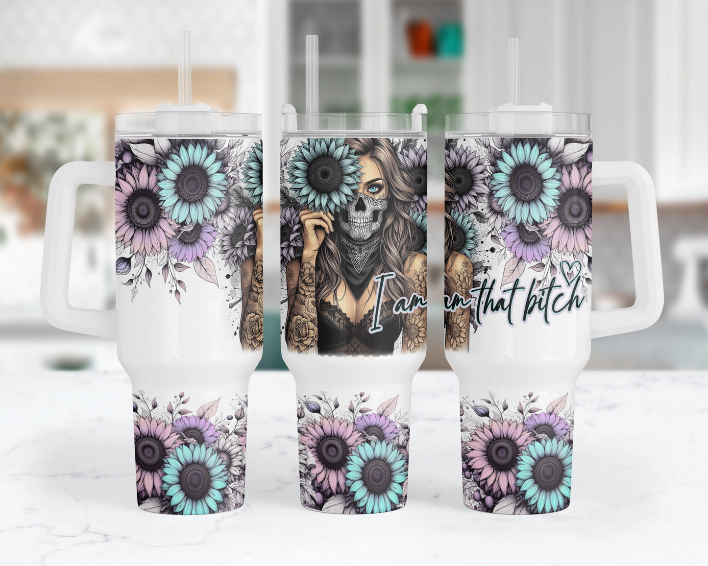 Floral Femme Fatale Tumbler -  40oz Sunflower Tumbler With Handle - Self Empowerment Gift For Her