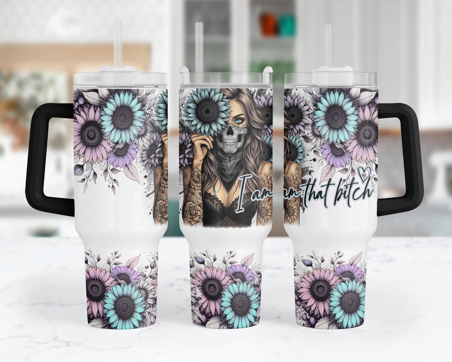 Floral Femme Fatale Tumbler -  40oz Sunflower Tumbler With Handle - Self Empowerment Gift For Her