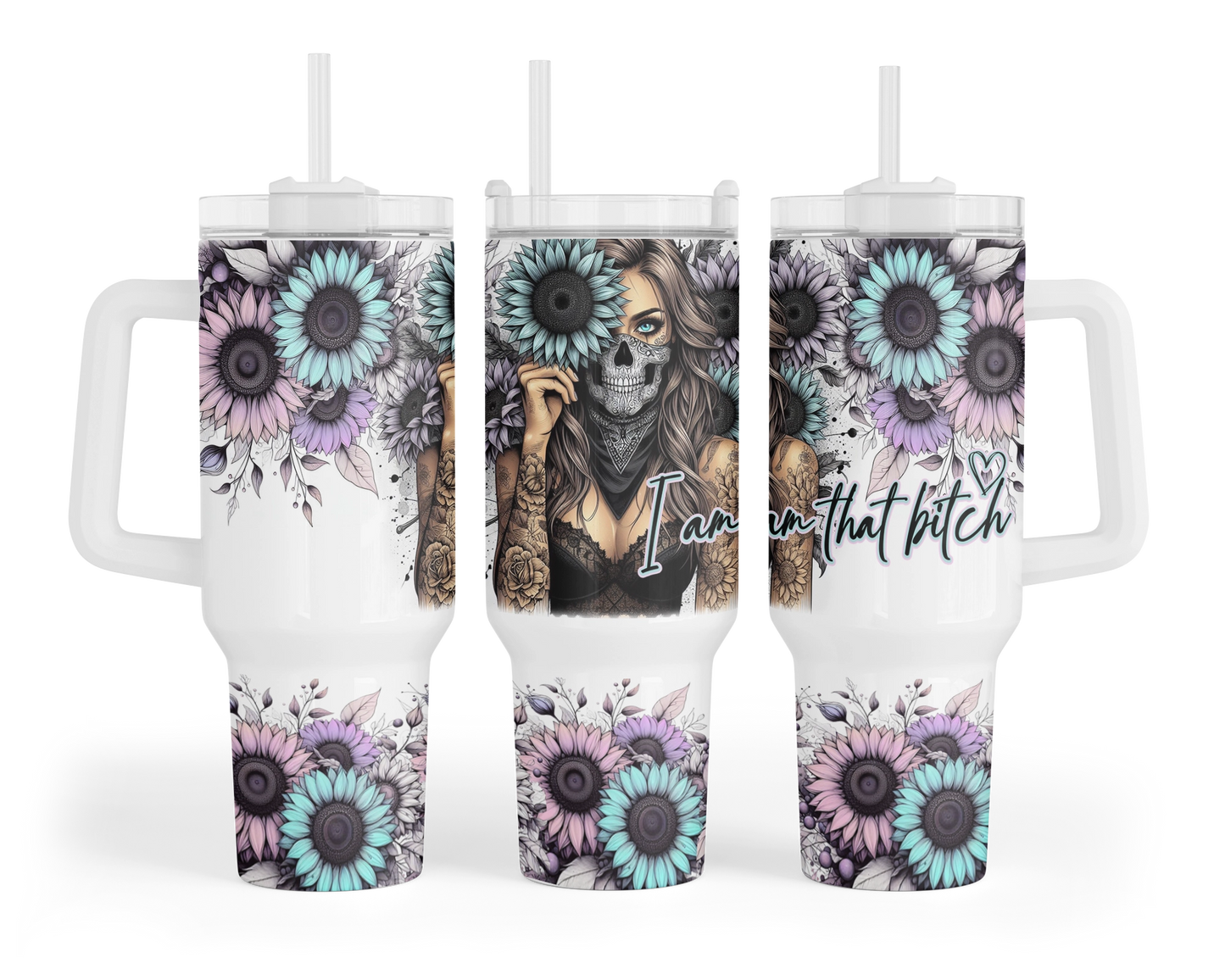 Floral Femme Fatale Tumbler -  40oz Sunflower Tumbler With Handle - Self Empowerment Gift For Her