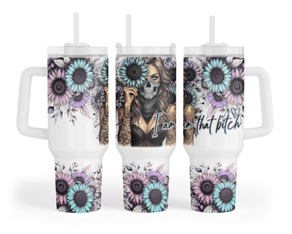 Floral Femme Fatale Tumbler -  40oz Sunflower Tumbler With Handle - Self Empowerment Gift For Her