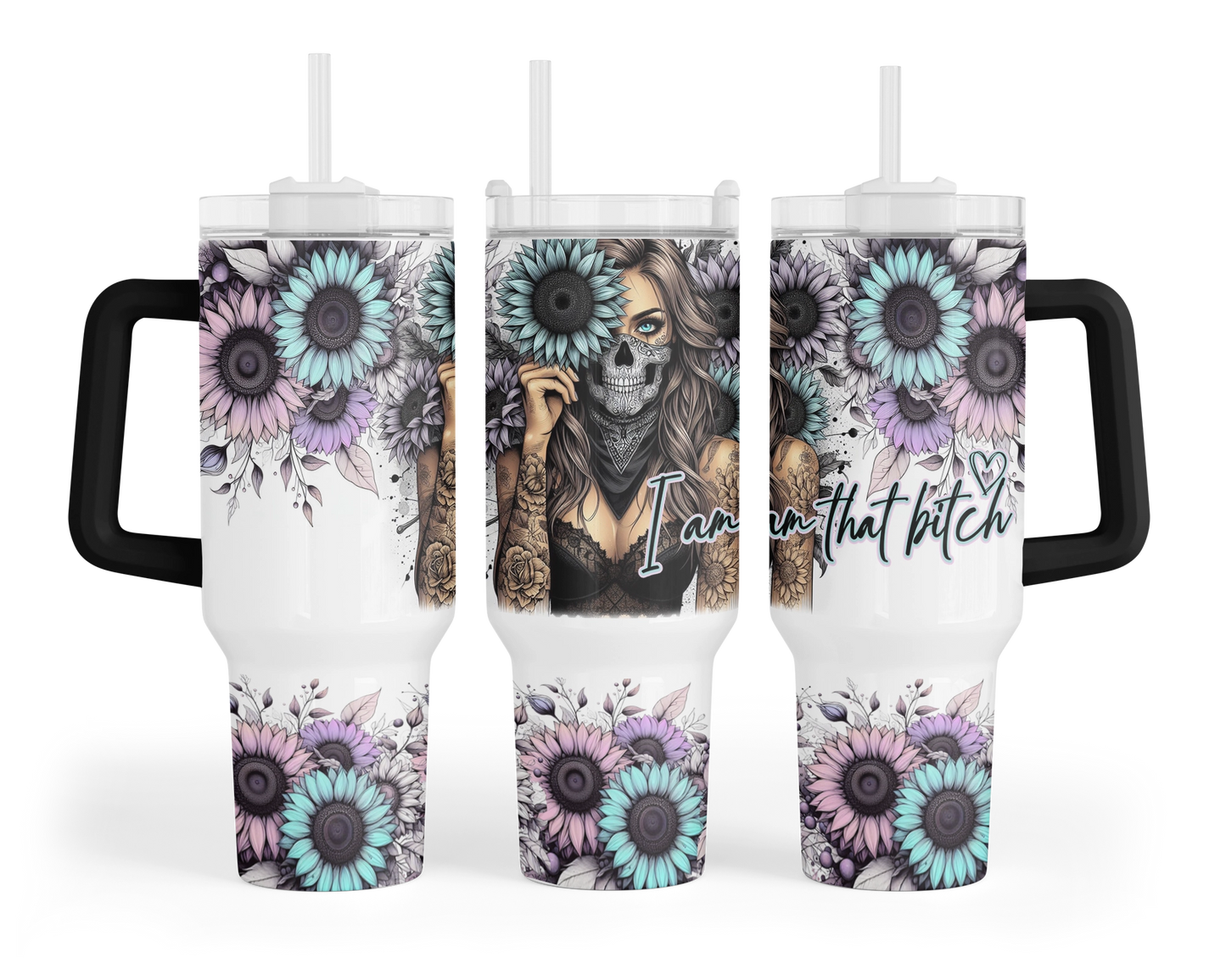 Floral Femme Fatale Tumbler -  40oz Sunflower Tumbler With Handle - Self Empowerment Gift For Her