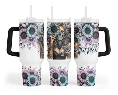 Floral Femme Fatale Tumbler -  40oz Sunflower Tumbler With Handle - Self Empowerment Gift For Her