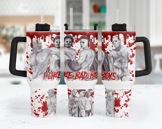 I Like Bad Boys 40 oz tumbler with a black and white horror-character collage with red splatter accents and I Like Bad Boys lettering, three views of the black option in a kitchen setting