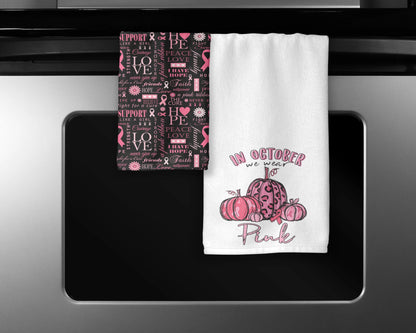 In October We Wear Pink Towel Set - Breast Cancer Awareness Towels - Pink Pumpkin Towels