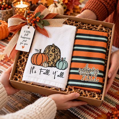 Fall pumpkin and striped towel set arranged in a gift box