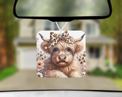 Highland Cow With Leopard Bow Air Freshener - Cute Small Spaces Hanging Diffuser - Gift For Cow Lovers