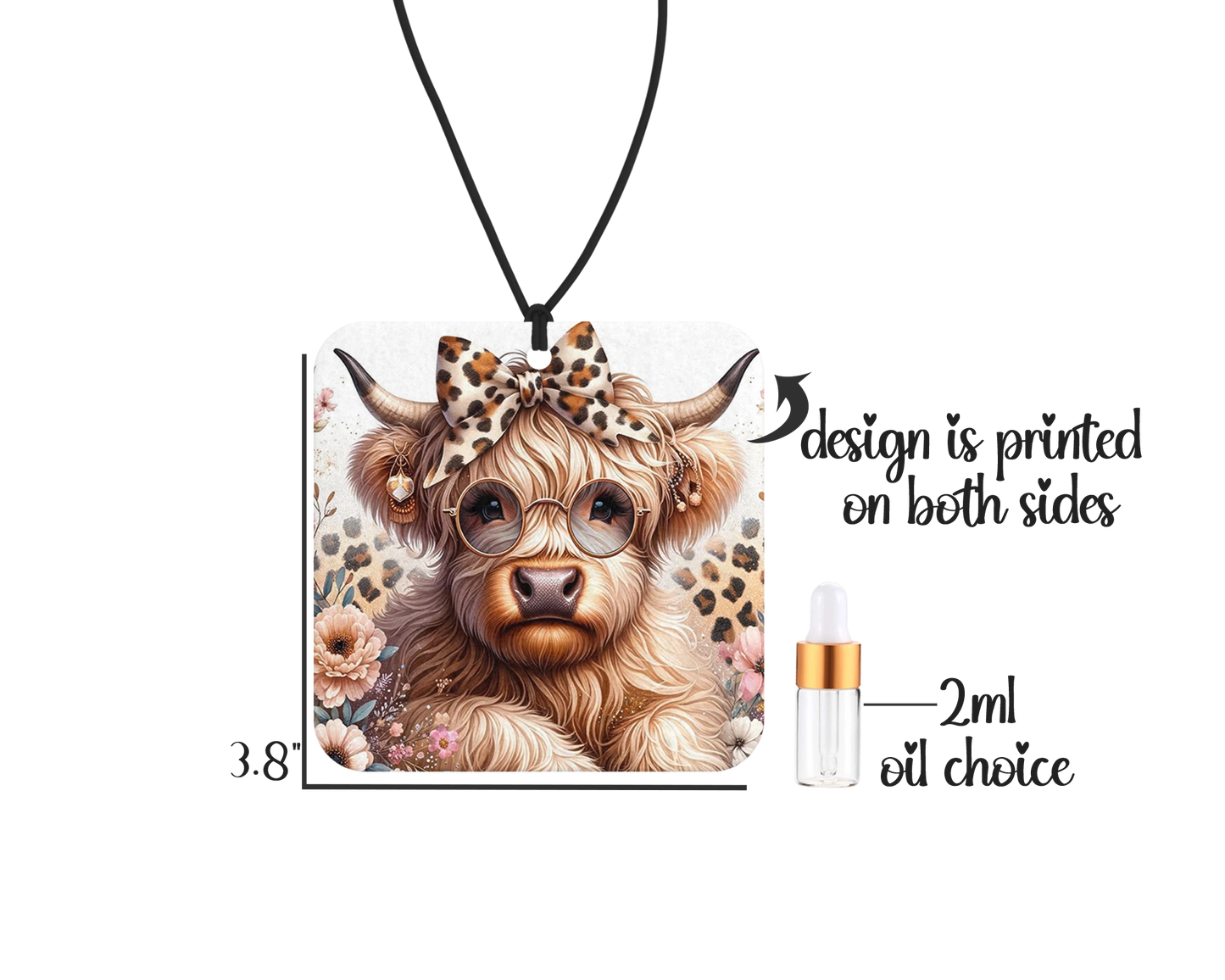 Highland Cow With Leopard Bow Air Freshener - Cute Small Spaces Hanging Diffuser - Gift For Cow Lovers