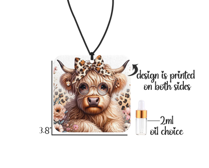 Highland Cow With Leopard Bow Air Freshener - Cute Small Spaces Hanging Diffuser - Gift For Cow Lovers